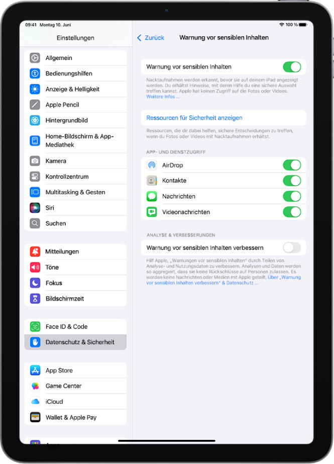 Die Einstellungen für die Funktion „Warnung vor sensiblen Inhalten“ mit einem Link mit dem Titel „Ressourcen für Sicherheit anzeigen“ und der Taste „Warnung vor sensiblen Inhalten verbessern“ zum Teilen von Analyse- und Nutzungsdaten mit Apple.