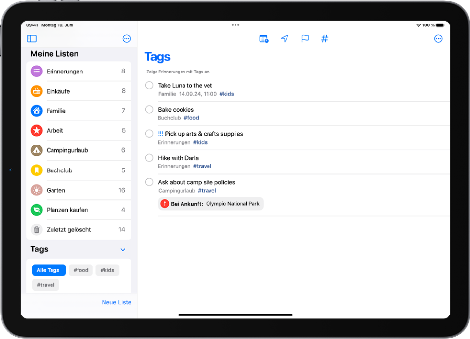 Ein Bildschirm „Erinnerungen“ zeigt die Tabübersicht unten links mit der ausgewählten Option „Alle Tags“. Rechts befindet sich eine Liste mit allen Objekten mit Tags.
