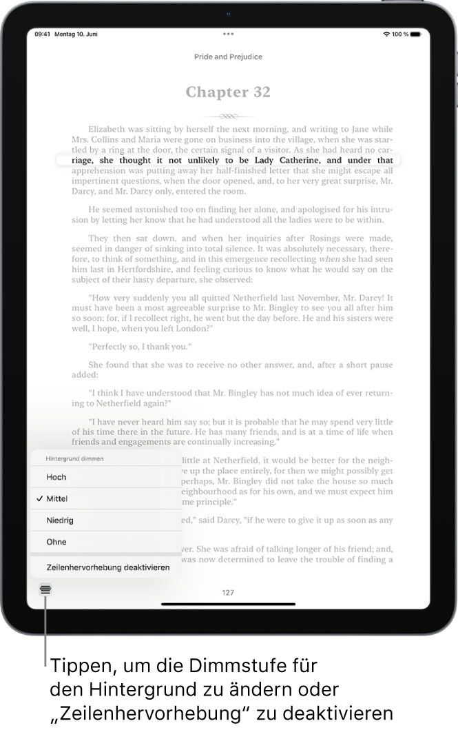 Eine Buchseite in der App „Bücher“. Eine Textzeile ist hervorgehoben und der übrige Text abgeblendet. Unten links auf der Seite ist das Menü „Zeilenhervorhebung“.
