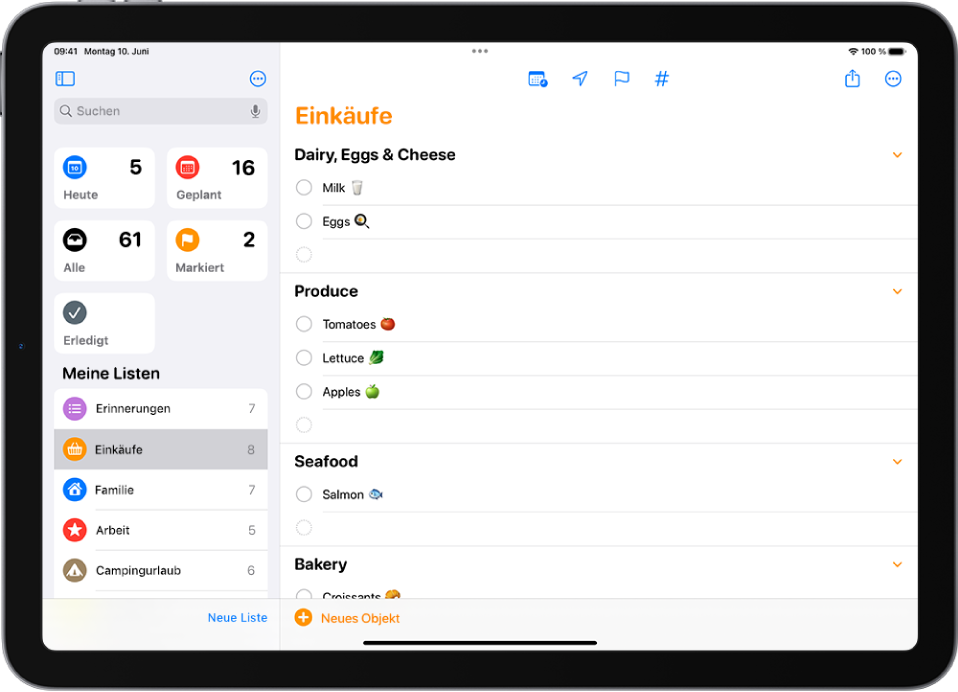 Die App „Erinnerungen“ mit einer Einkaufsliste, die Objekte in Kategorien wie „Obst und Gemüse“ und „Meeresfrüchte“ enthält.