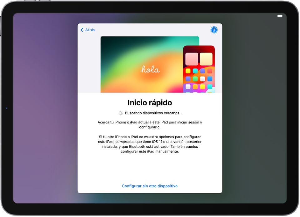 Pantalla “Inicio rápido” con indicaciones para que acerques tu iPhone o iPad actual al nuevo iPad para configurarlo.