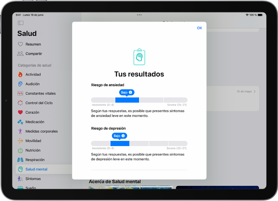 Una pantalla de la app Salud con los resultados de un cuestionario de salud mental.