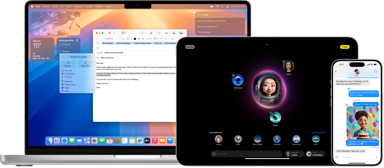 De izquierda a derecha, Mac con herramientas de escritura que se están usando en un correo electrónico, iPad con Image Playground y iPhone con Genmoji como parte de un hilo de mensajes.