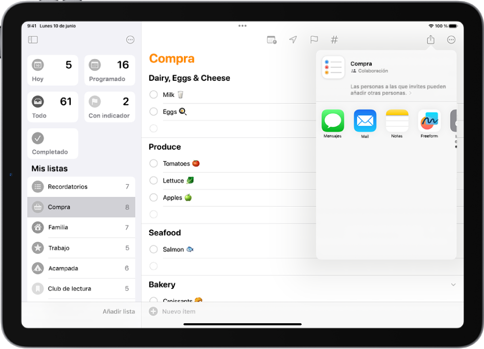 La app Recordatorios con una lista de la compra con opciones para compartir en el lado derecho.