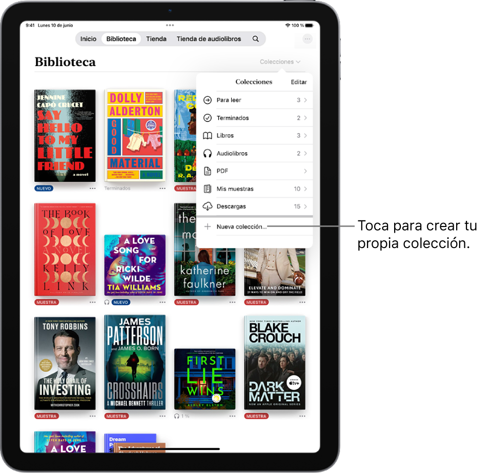 Pantalla Biblioteca en la app Libros. El menú Colecciones está abierto en la parte superior de la pantalla y muestra opciones como Audiolibros y PDF.