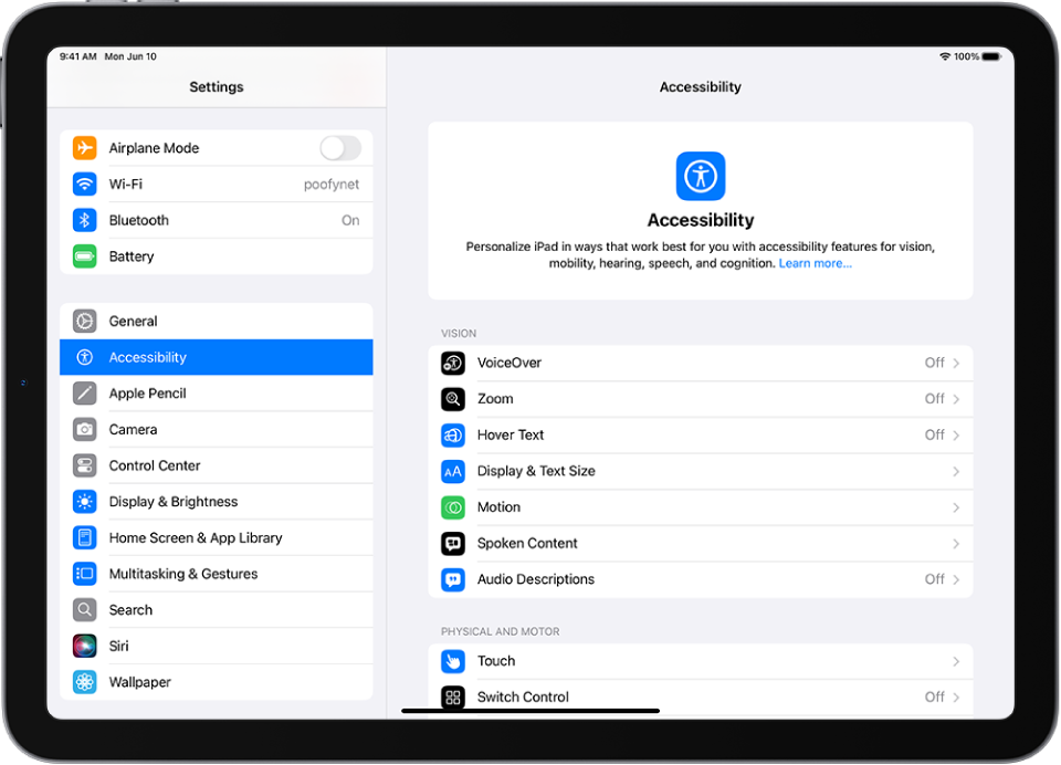 Kuvas Settings on sellised Accessibility valikud nagu VoiceOver, Audio Descriptions ja Switch Control.