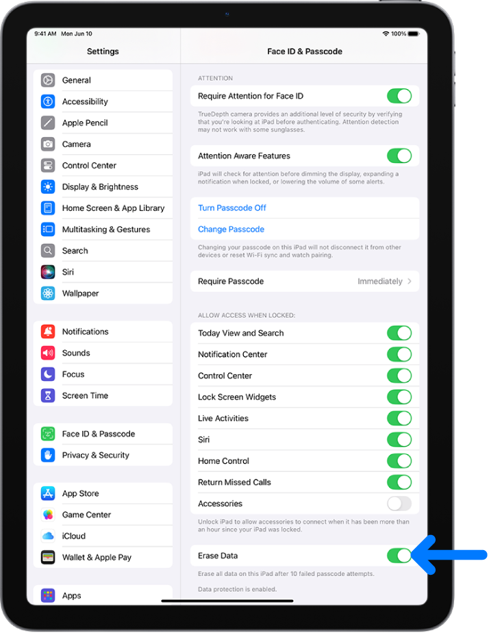 Juhik Erase Data, mis asub rakenduse Settings kuva Face ID & Passcode allosas.