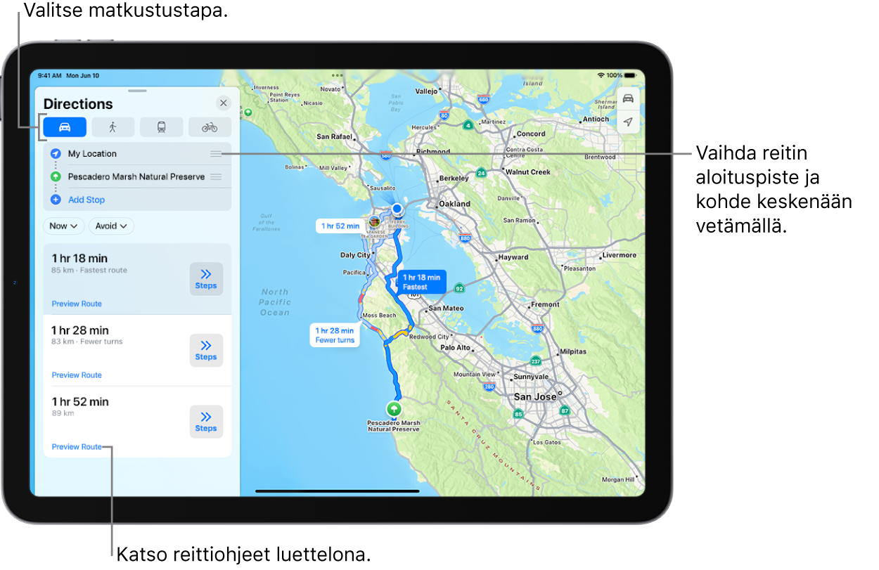 Kartta useilla eri reittivaihtoehdoilla Oman sijainnin ja kohdesijainnin välillä.