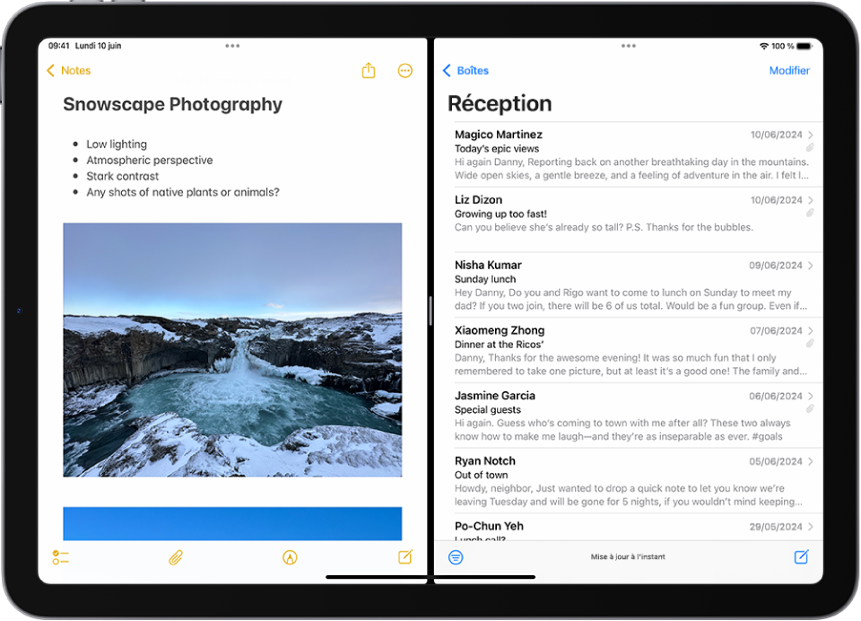 L’app Notes est ouverte sur le côté gauche de l’écran et Mail est ouvert sur le côté droit. Entre les deux apps se trouve un séparateur ajustable, qui permet de régler la taille des fenêtres.
