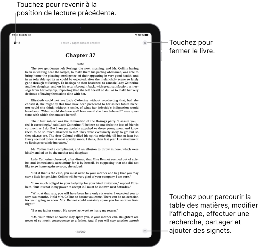 Une page d’un livre dans l’app Livres. En haut de l’écran se trouvent les boutons permettant de revenir à la page où la lecture a commencé et de fermer le livre. En bas à droite de l’écran se trouve le bouton Menu.