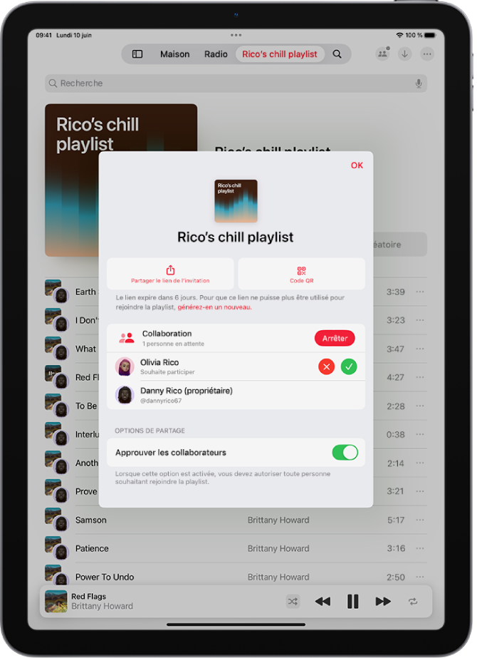 L’écran « Gérer la collaboration » de l’app Musique.