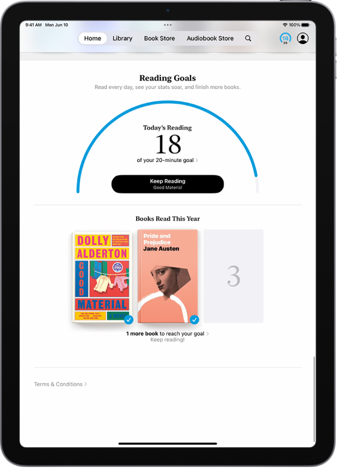 Layar Target Bacaan menampilkan statistik untuk pengguna—seperti bacaan hari ini, rekor membaca mereka untuk seminggu, dan buku yang telah dibaca tahun ini.