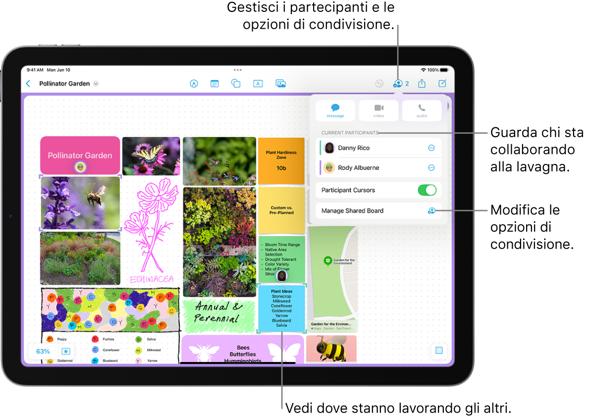 Una lavagna Freeform condivisa su iPad con il menu Collaborazione visibile e la posizione di un altro partecipante sulla lavagna, evidenziata con un contrassegno viola.