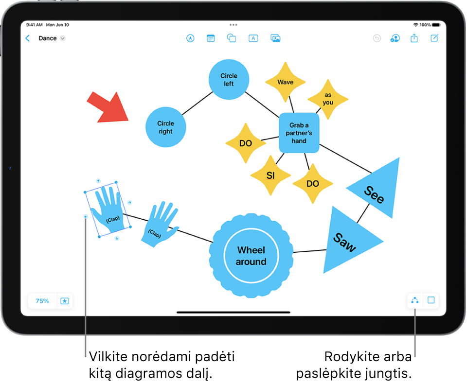 Diagrama „Freeform“ lentoje su jungtimis, rodomomis pasirinktoje formoje, o formos formatavimo įrankiai matomi virš jos.