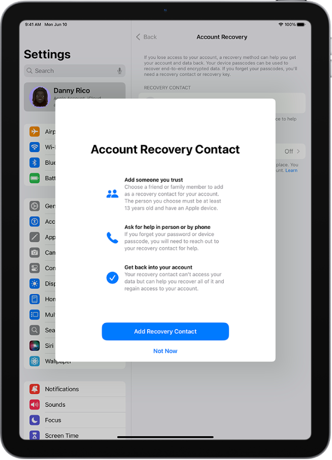 Ekrāns Account Recovery Contact ar informāciju par funkciju. Apakšā ir poga Add Recovery Contact