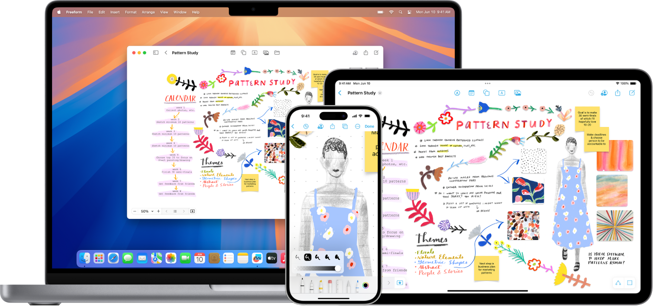 Mac, iPad dan iPhone dengan papan Freeform yang sama dibuka.