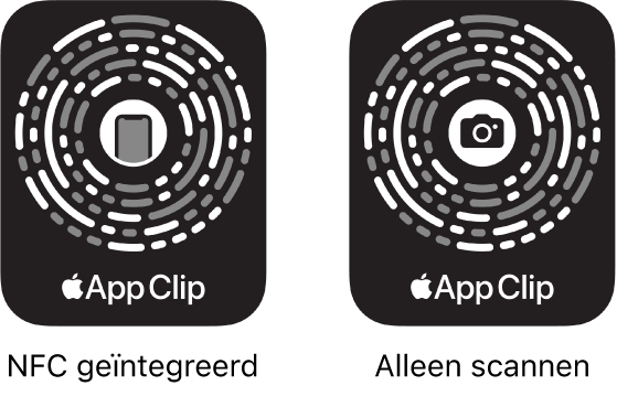 Links is een NFC-appclipcode te zien met een iPhone-symbool in het midden. Rechts is een appclipcode te zien die je alleen kunt scannen, met een camerasymbool in het midden.