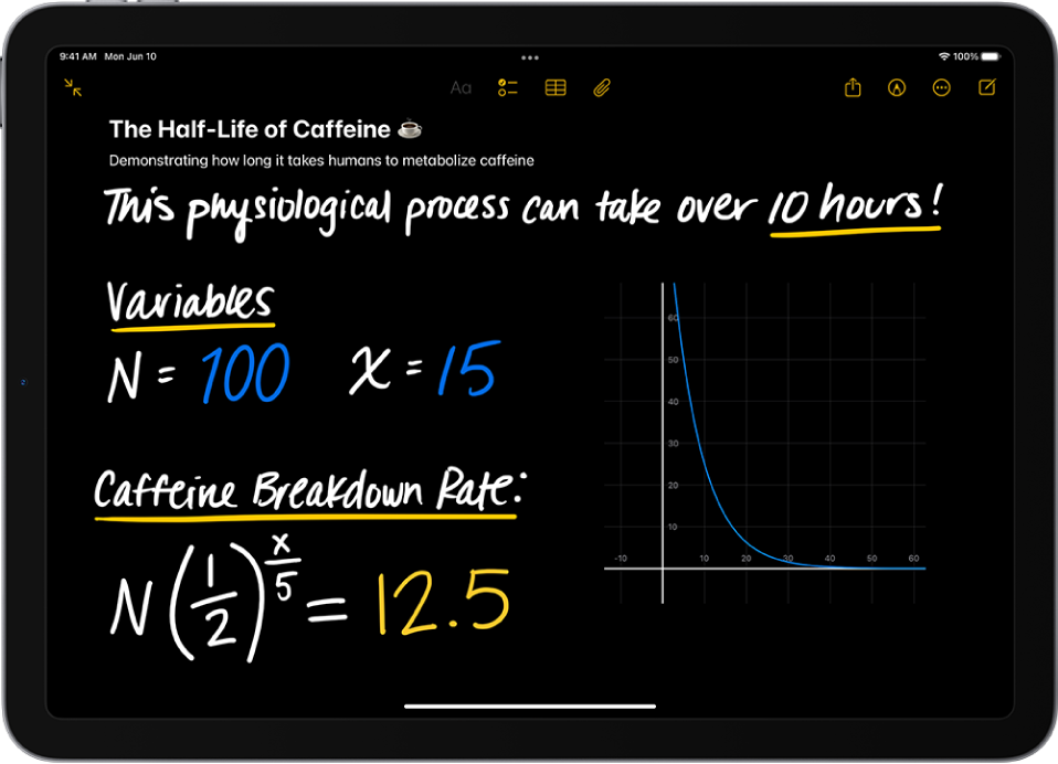 Notas de Cálculo no app Calculadora do iPad mostrando variáveis declaradas, uma equação e um gráfico.