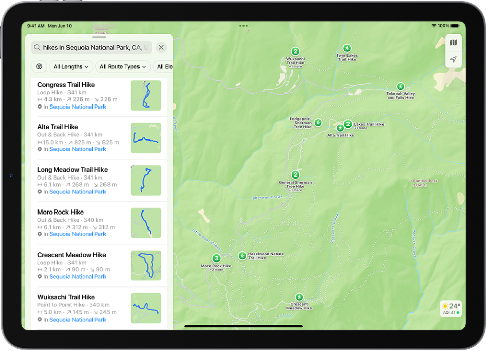 A aplicação mapas a mostrar os resultados correspondentes a uma pesquisa por caminhadas num parque nacional.