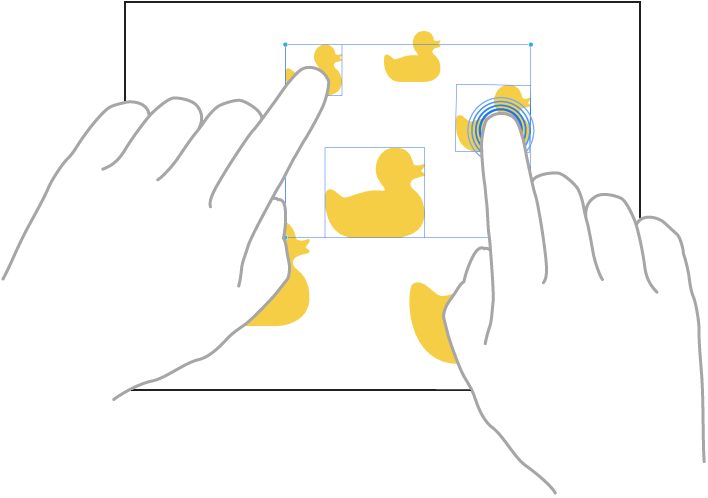 Dois dedos a selecionarem elementos na aplicação Freeform.