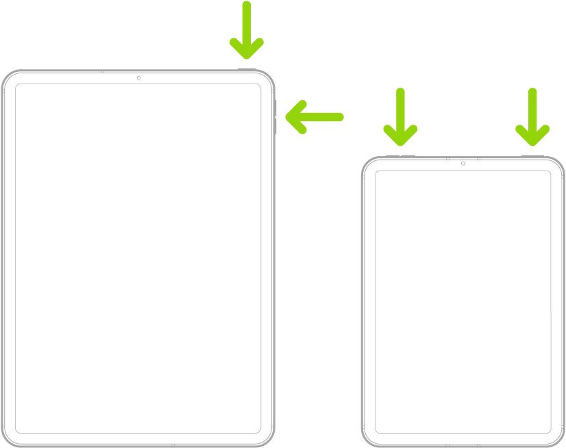 Dois modelos de iPad. Ambos os modelos de iPad têm um botão superior; um modelo de iPad tem os botões de volume na parte lateral e os outros têm botões de volume na parte superior. Setas a apontarem para os botões superiores e para os botões de volume: