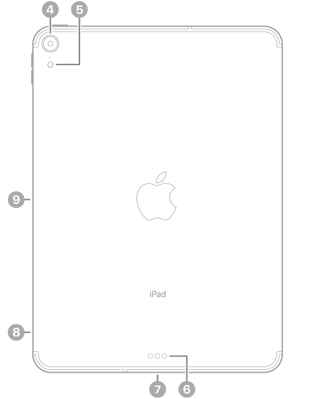 Vedere din spate a unui iPad Pro cu explicații pentru camera din spate și blițul din stânga sus, conectorul Smart Connector și USB-C în partea centrală jos, compartimentul SIM (Wi-Fi + Cellular) din stânga jos și conectorul magnetic pentru Apple Pencil în stânga.