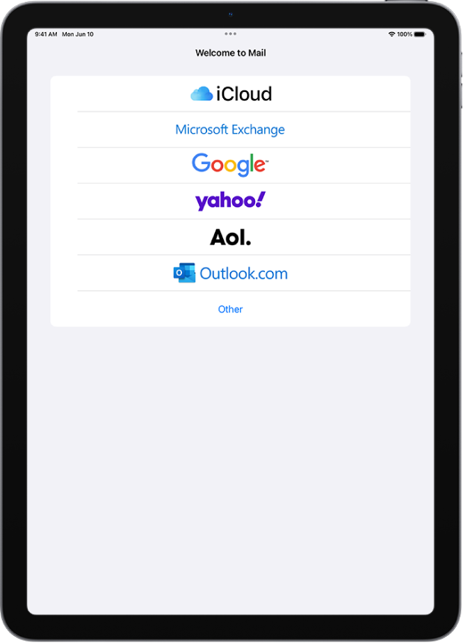 Skärmen Lägg till konto med alternativ för att välja e-postkontotyp visar  iCloud, Microsoft Exchange, Google, Yahoo, AOL och Annat.