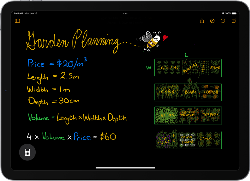 Matematikanteckningar i Kalkylator på iPad visar deklarerade variabler, ekvationer och en teckning.