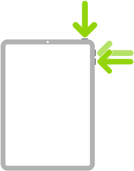 Ілюстрація iPad зі стрілками, які вказують на верхню кнопку та кнопки збільшення й зменшення гучності у верхньому правому куті.