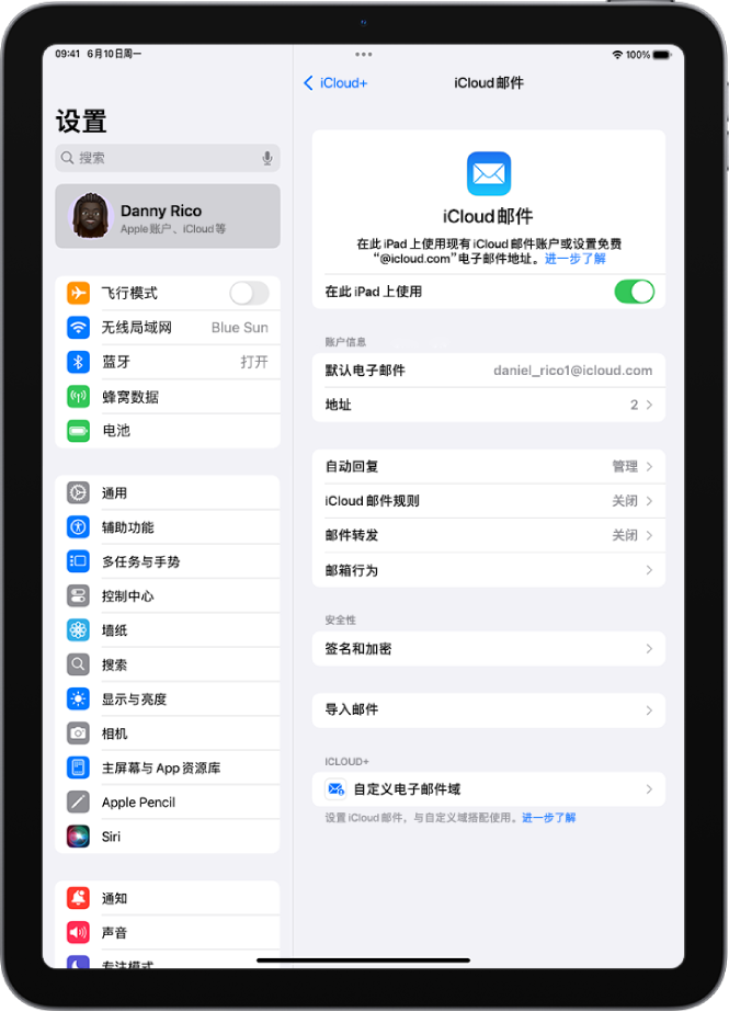 “设置” App，打开至“iCloud 邮件”屏幕。“自定义电子邮件域”位于菜单底部。