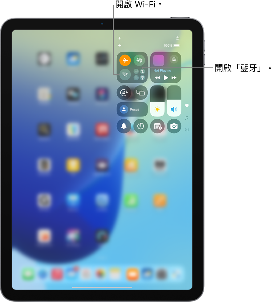 iPad 「控制中心」顯示已開啟飛航模式。開啟 Wi-Fi 和藍牙的按鈕位於「控制中心」左上角附近。