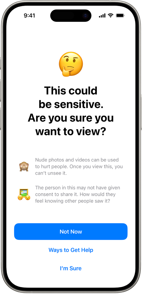 شاشة تحذير المحتوى الحساس، والتحذير من إمكانية وجود عُري في الصورة. تظهر في الجزء السفلي من الشاشة الأزرار التالية: ليس الآن، طرق للحصول على المساعدة، وأنا متأكد.