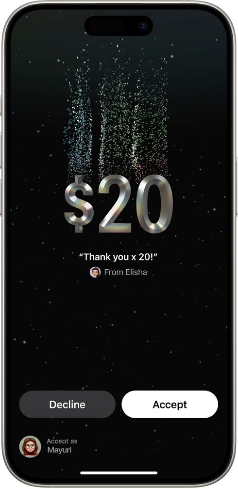 La pantalla Tap to Cash a l’app Cartera mostrant una transferència de 20 $ i els botons “Refusar” i “Acceptar” a la part inferior de la pantalla.