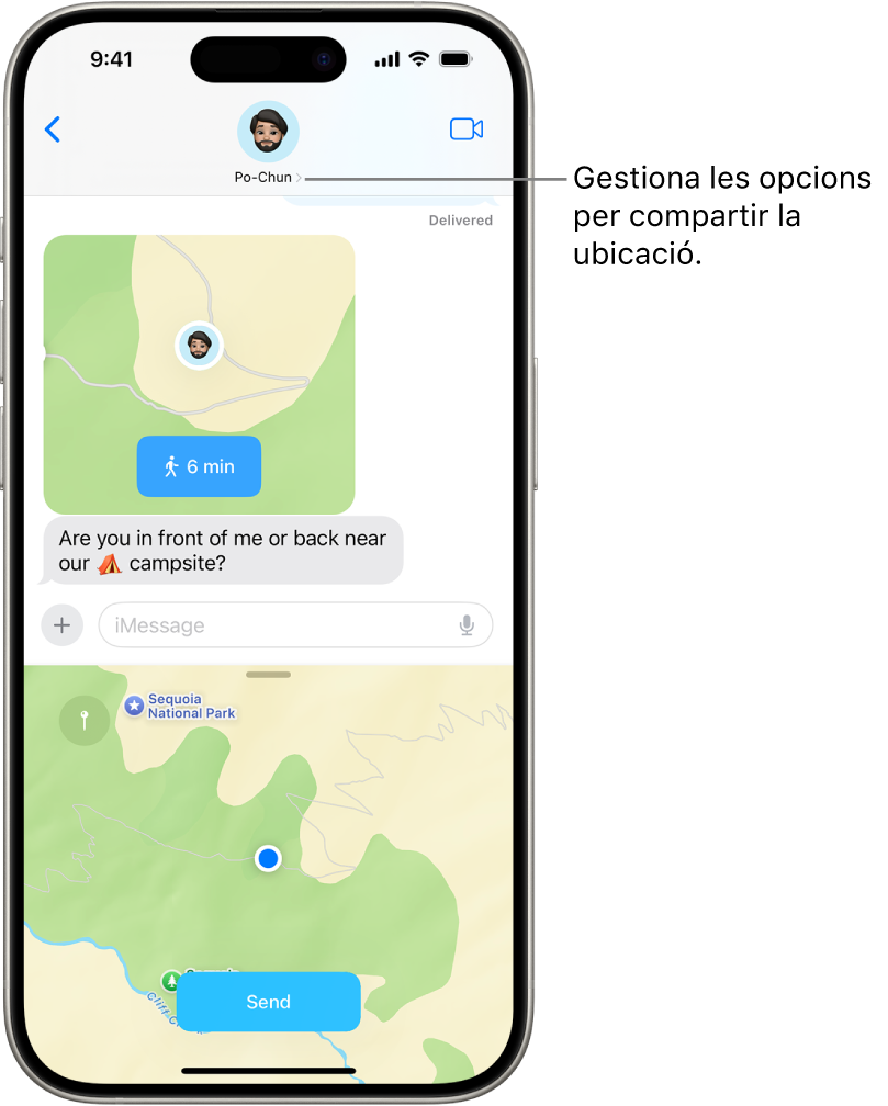 Una conversa de l’app Missatges amb una ubicació compartida.