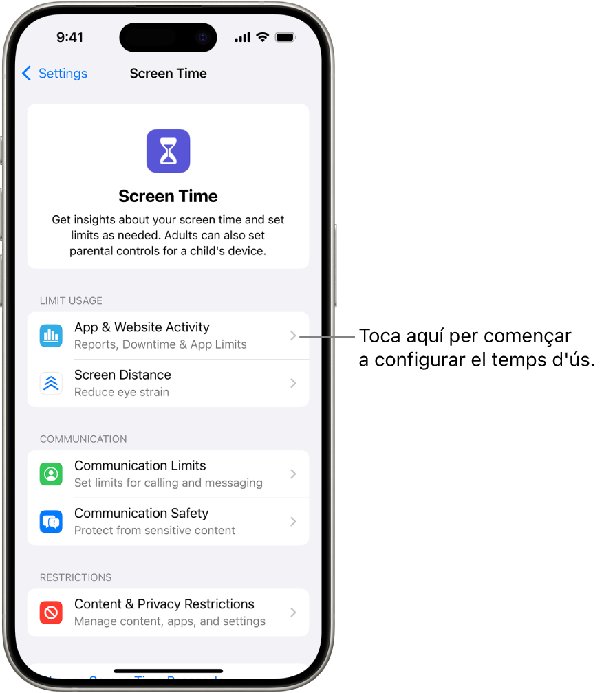 Pantalla de configuració del temps d’ús en què es mostra el botó “Activitat a les apps i als llocs web”.