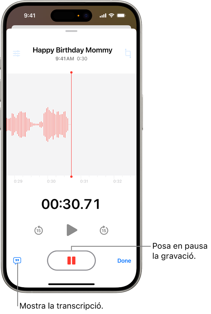 Mentre es grava una nota de veu, es mostra una forma d’ona de la gravació en curs, un indicador de temps i un botó per aturar la gravació.