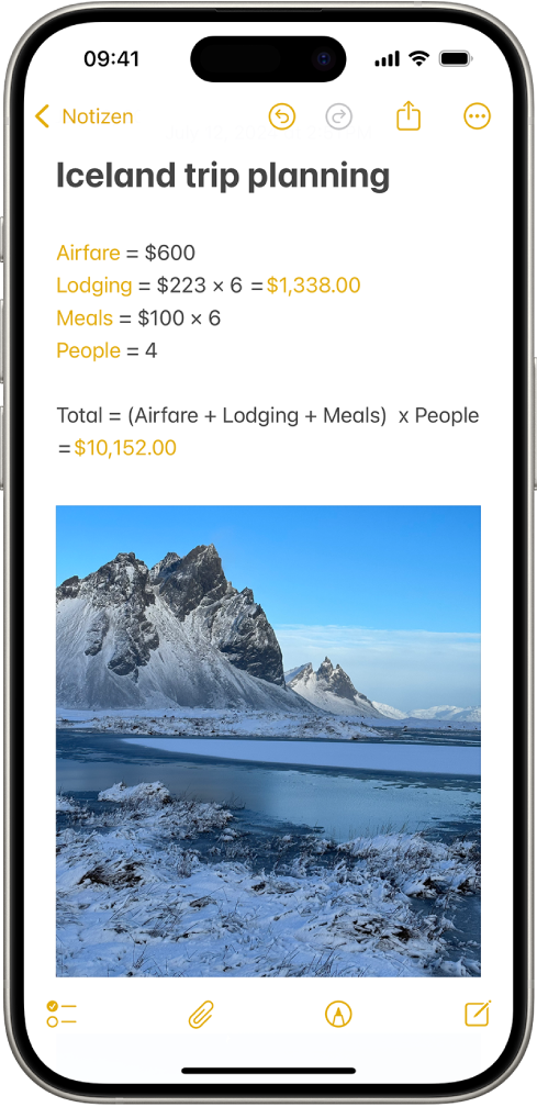 Eine Notiz für das Planen einer Reise mit Berechnungen der Reisekosten und einem Foto.