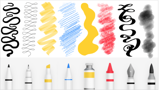 Einige Freeform-Zeichenwerkzeuge und ihre Striche: „Marker“, „Stift“, „Textmarker“, „Bleistift“, „Buntstift“, „Füllfederhalter“ und „Aquarellpinsel“.