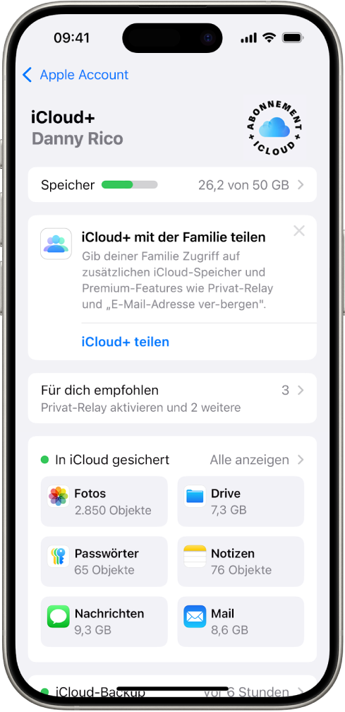 Bildschirm mit den iCloud-Einstellungen mit der Nutzungsanzeige für den iCloud-Speicher und einer Liste von Apps und Diensten wie „Fotos“, iCloud Drive und iCloud Mail, die mit iCloud verwendet werden können.