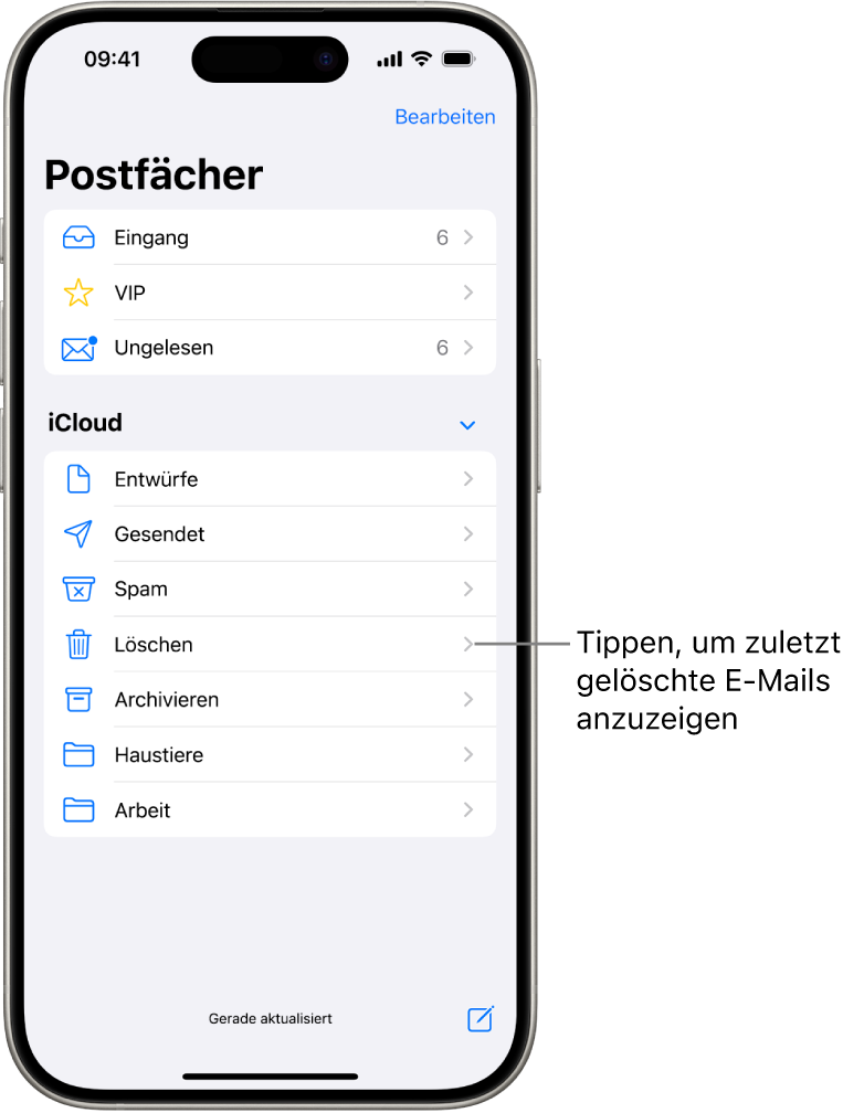 Der Bildschirm „Postfächer“. Unter „iCloud“ sind von oben nach unten Postfächer aufgelistet, darunter das Postfach „Papierkorb“. Tippe darauf, um die zuletzt gelöschten E-Mails zu sehen.