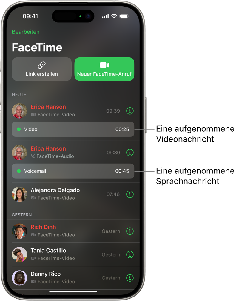 Die FaceTime-Anrufliste mit Links zu einer Videonachricht und einer Sprachnachricht.