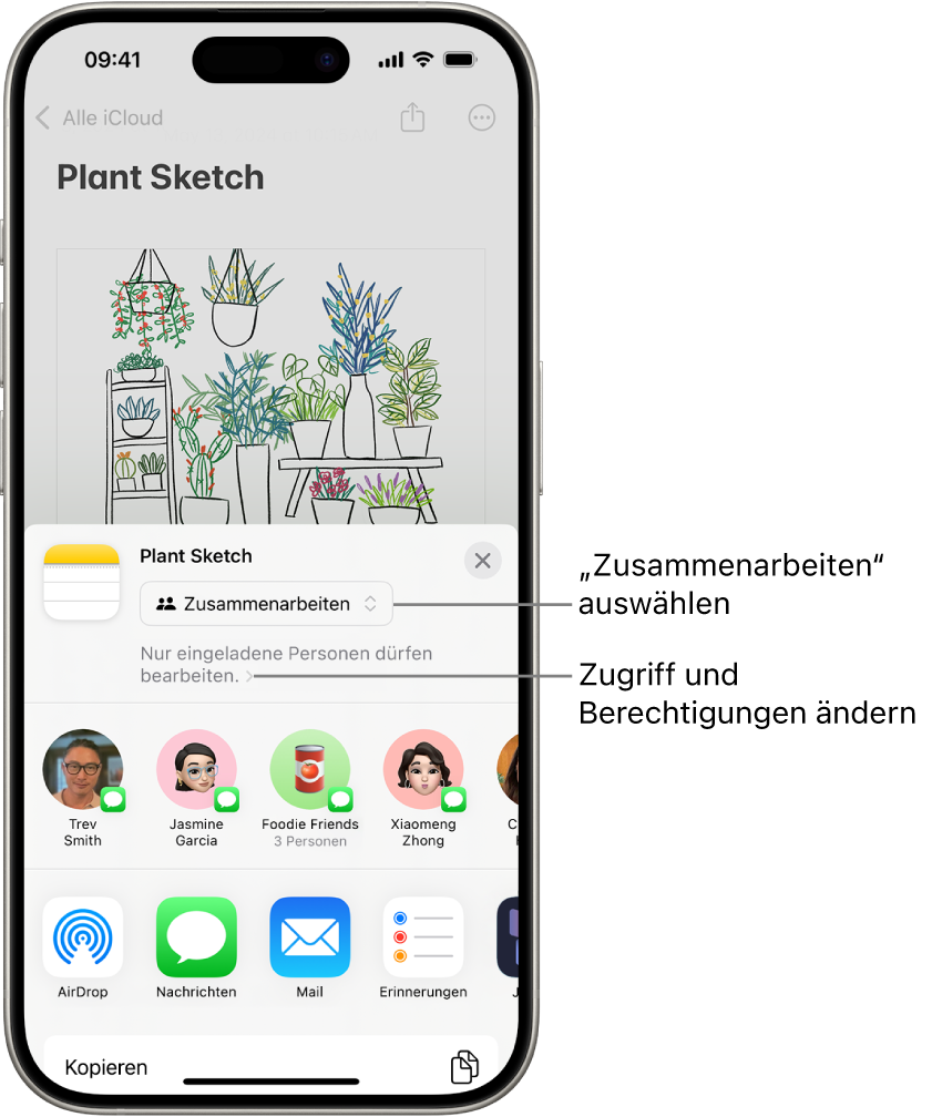 Eine Einladung zum Zusammenarbeiten an einer Zeichnung in der App „Notizen“, in der die Freigabeoption „Zusammenarbeiten“ und die Zugriffs- und Berechtigungseinstellung „Nur von dir eingeladene Personen dürfen bearbeiten“ angezeigt wird. Vier potenzielle Empfänger:innen, darunter eine Gruppe, werden in einer Zeile darunter angezeigt. Die untere Zeile enthält verschiedene Möglichkeiten zum Teilen der Notiz: AirDrop, Nachrichten, Mail und Freeform.