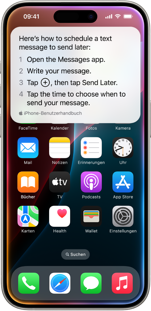 Der Home-Bildschirm vom iPhone zeigt die von Siri angezeigten Schritte an, um eine Nachricht zum späteren Senden zu planen.