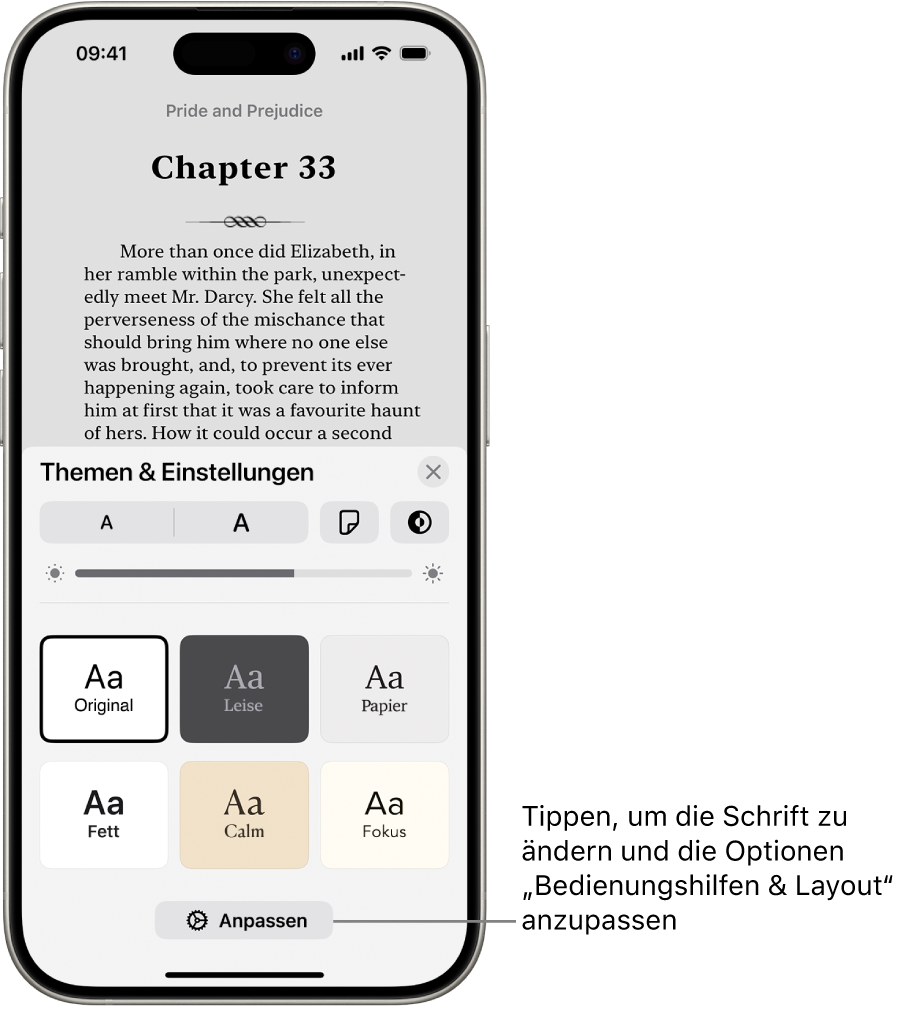 Eine Buchseite in der App „Bücher“. Die Optionen „Themen & Einstellungen“ mit Steuerelementen für Schriftgröße, Scrollansicht, Stil zum Umblättern, Helligkeit sowie Schriftoptionen