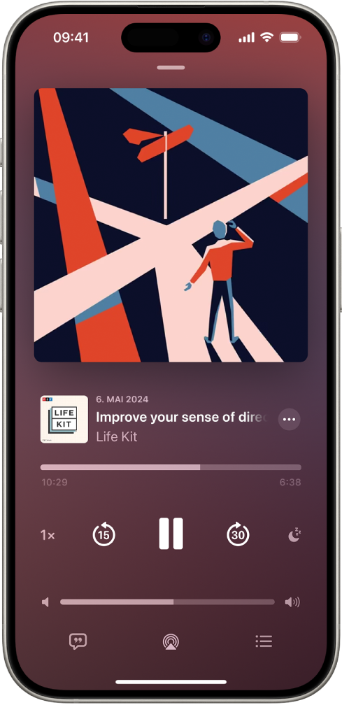 Der Tab „Jetzt läuft“ in der App „Podcasts“ mit dem Coverbild des Podcasts, dem Titel der Folge, den Steuerelementen für die Wiedergabe und dem Schieberegler für die Lautstärke. Unten auf dem Bildschirm sind das Symbol „AirPlay“ und die Taste „Nächster Titel“.