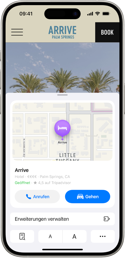 In Safari ist die Webseite eines Hotels geöffnet. In der Mitte des Bildschirms befindet sich eine Karte, eine Taste, um das Hotel anzurufen, und eine Taste für Fahrtrouten.