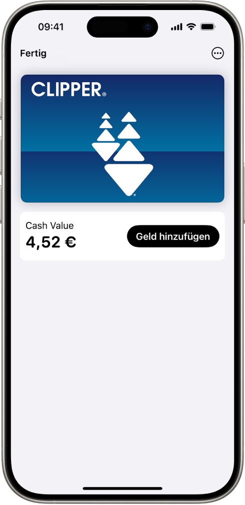 Eine ÖPNV-Karte in der App „Wallet“ mit dem Guthaben und der Taste „Geld hinzufügen“.