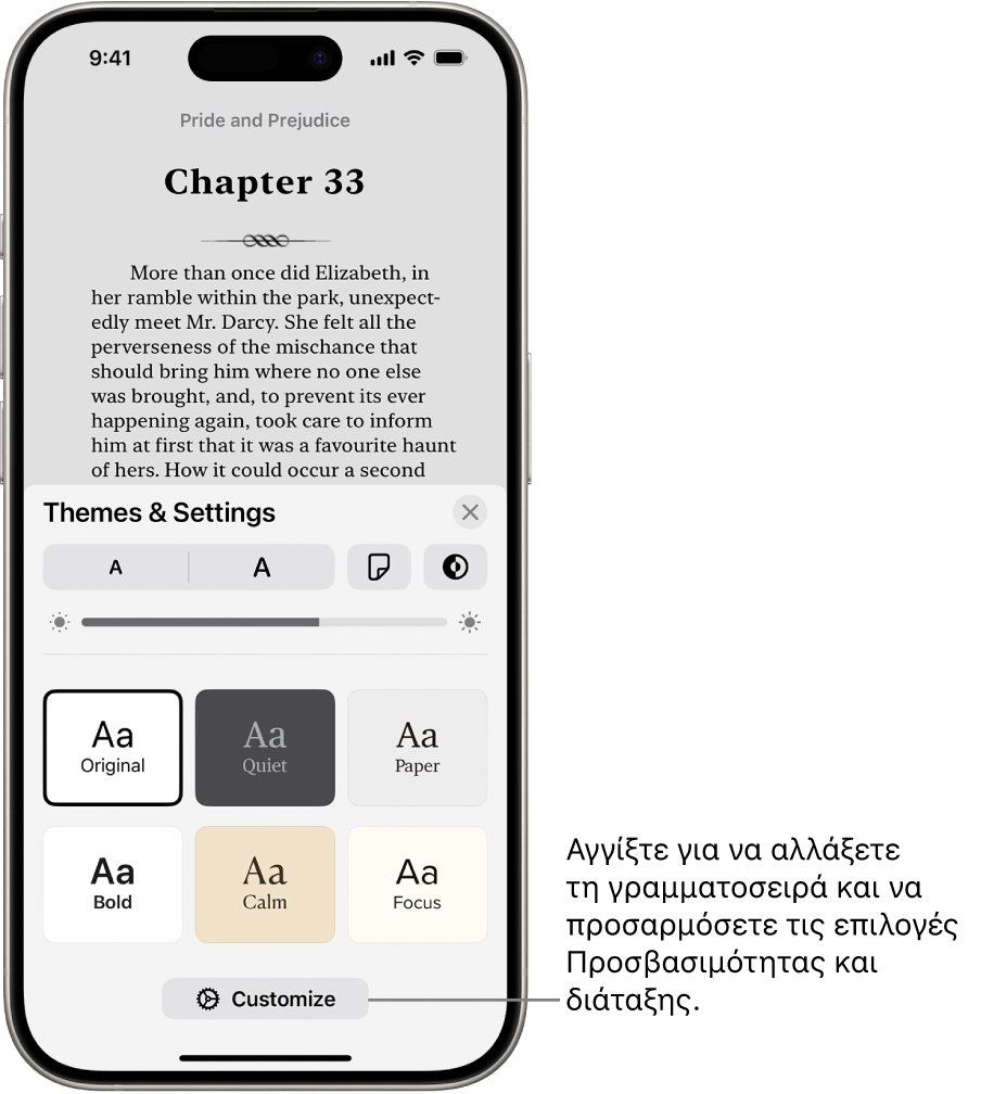 Μια σελίδα ενός βιβλίου στην εφαρμογή «Βιβλία». Οι επιλογές Θεμάτων και ρυθμίσεων εμφανίζουν στοιχεία ελέγχου για το μέγεθος γραμματοσειράς, την προβολή κύλισης, το στιλ αλλαγής σελίδας, τη φωτεινότητα, και τα στιλ γραμματοσειράς.