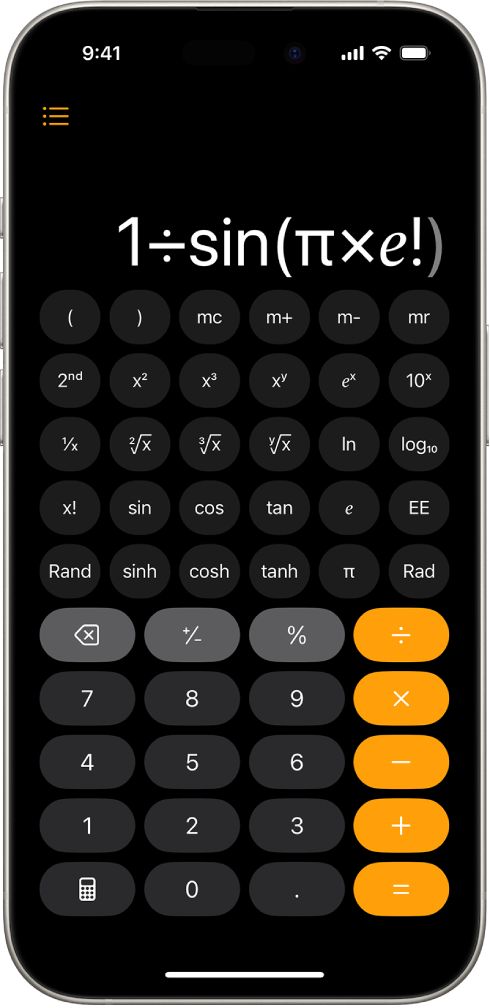 iPhone showing the scientific calculator with exponential, logarithmic, and trigonometric functions.