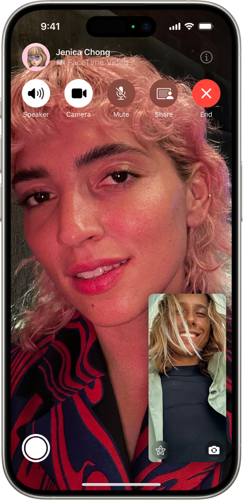 The FaceTime screen showing a call in progress. The caller’s image appears in a small rectangle in the lower right, and the image of the other person fills the rest of the screen. Across the bottom of the screen are the Live Photo, Effects, and Flip to Back Camera buttons. The FaceTime controls are at the top of the screen, including the Speaker, Camera, Mute, Share Content, and End buttons. At the top of the controls are the name or Apple Account of the person you’re talking to.